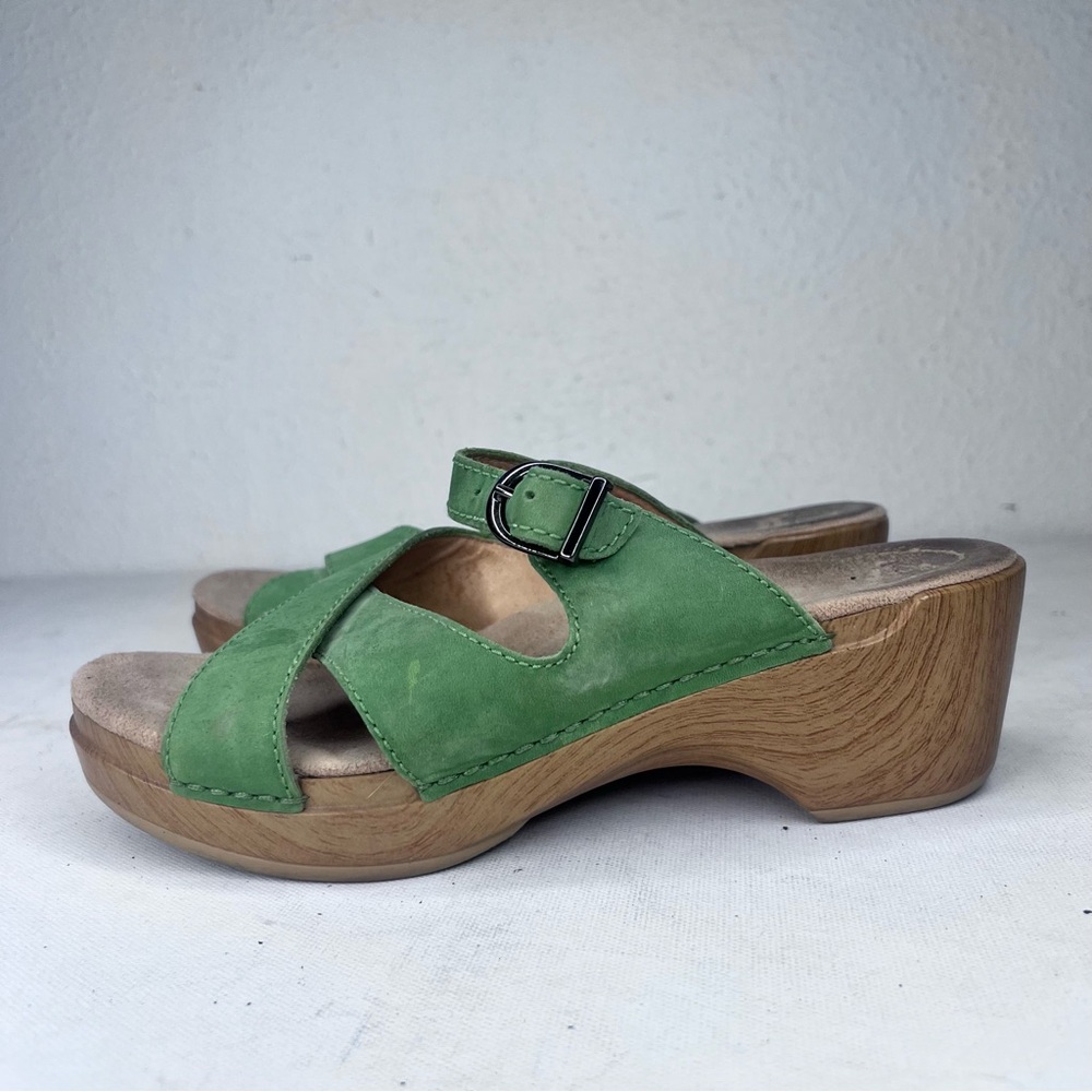 Dansko green suede strappy slip on sandal